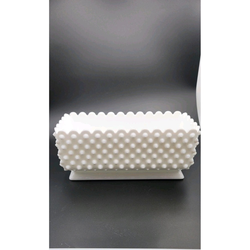Fenton White Milk Glass Hobnail Oblong Planter Scalloped Edge Bowl Knobby 9.5"